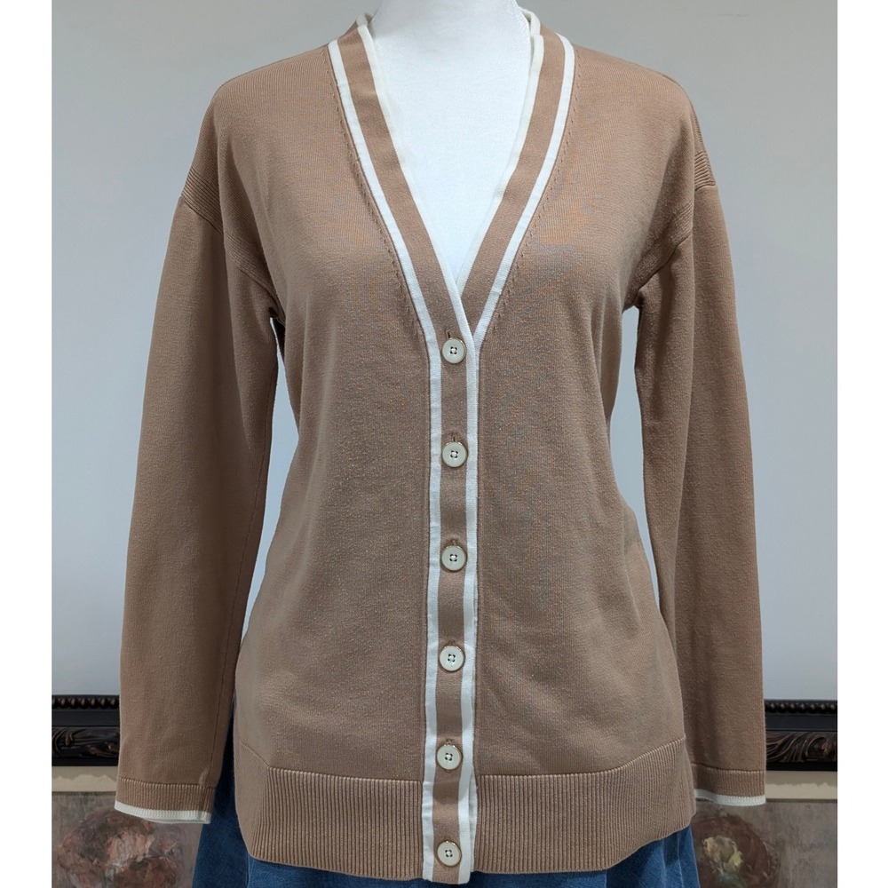 Talbots Women Brown White Low V Neck Button Front Cardigan Size S